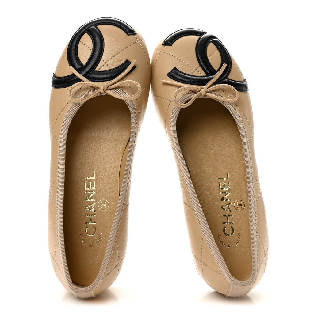 Lambskin Quilted CC Cambon Ballet Flats 36 Beige Black