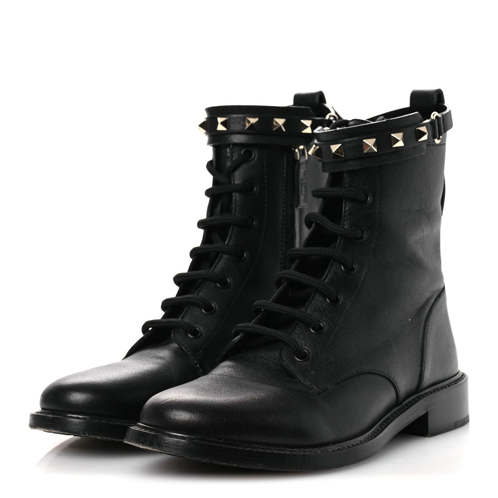 Calfskin Rockstud Combat Ankle Boots 37 Black