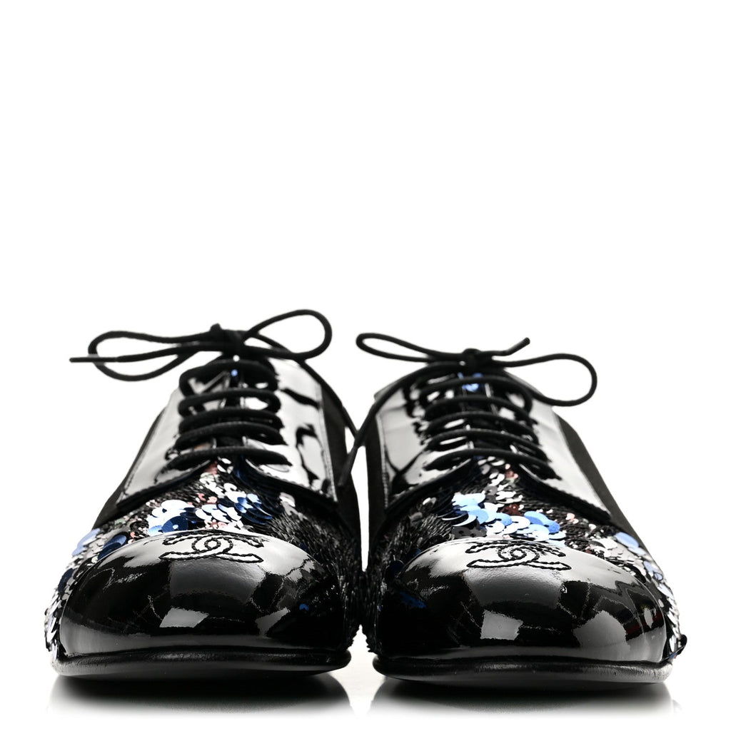 Patent Calfskin Sequin CC Cap Toe Womens Lace Up Oxfords 37.5 Blue Black