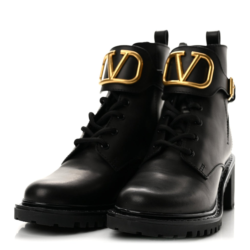 Calfskin Womens VLOGO 70mm Combat Boots 38.5 Black