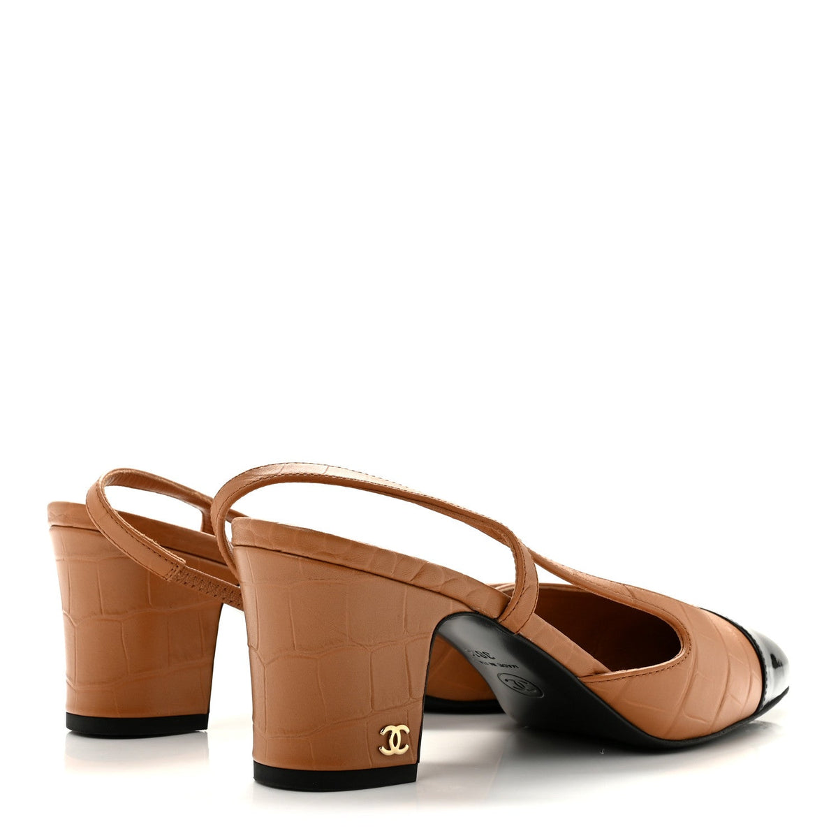 Calfskin Crocodile Embossed Patent Cap Toe CC Slingback Pumps 38.5 Light Brown Black