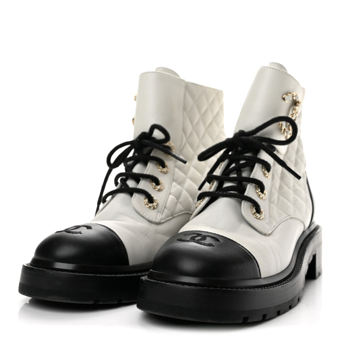 Shiny Lambskin Quilted Lace Up Combat Boots 38 White Black