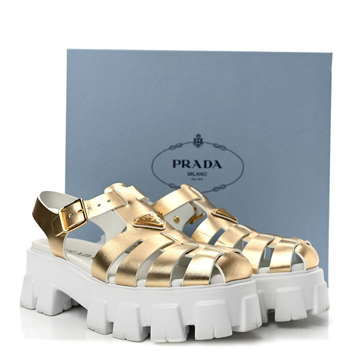 Metallic Vitello Metal Triangle Logo Monolith 55mm Cage Sandals 40 Platino
