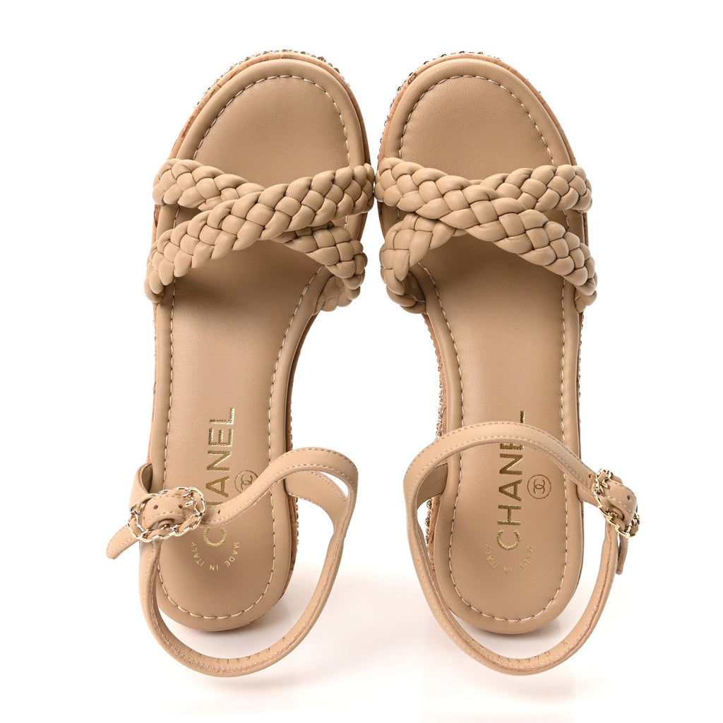 Lambskin Espadrille Braided Platform Sandals 37 Beige