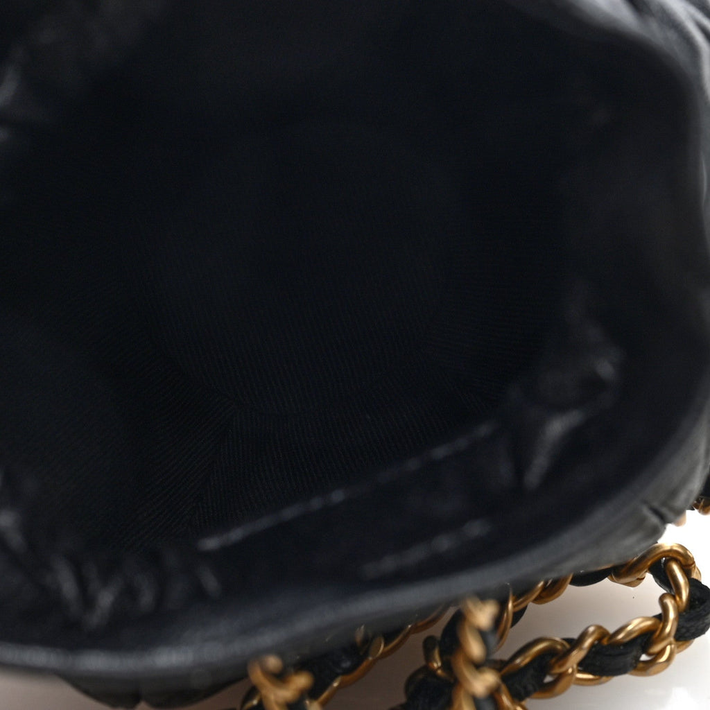 Shiny Lambskin Quilted Mini Drawstring CC Bucket Bag Black