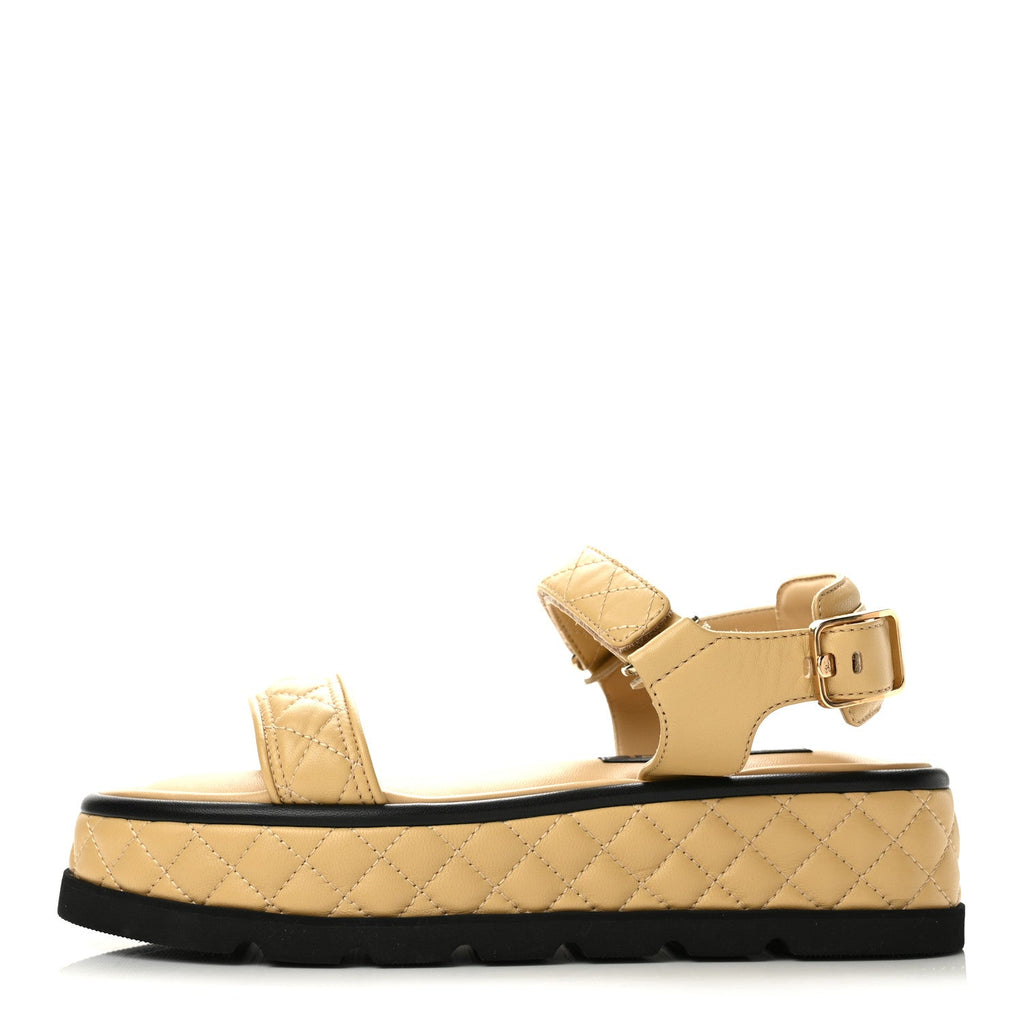 Lambskin Quilted Platform Sandals 39 Beige Black