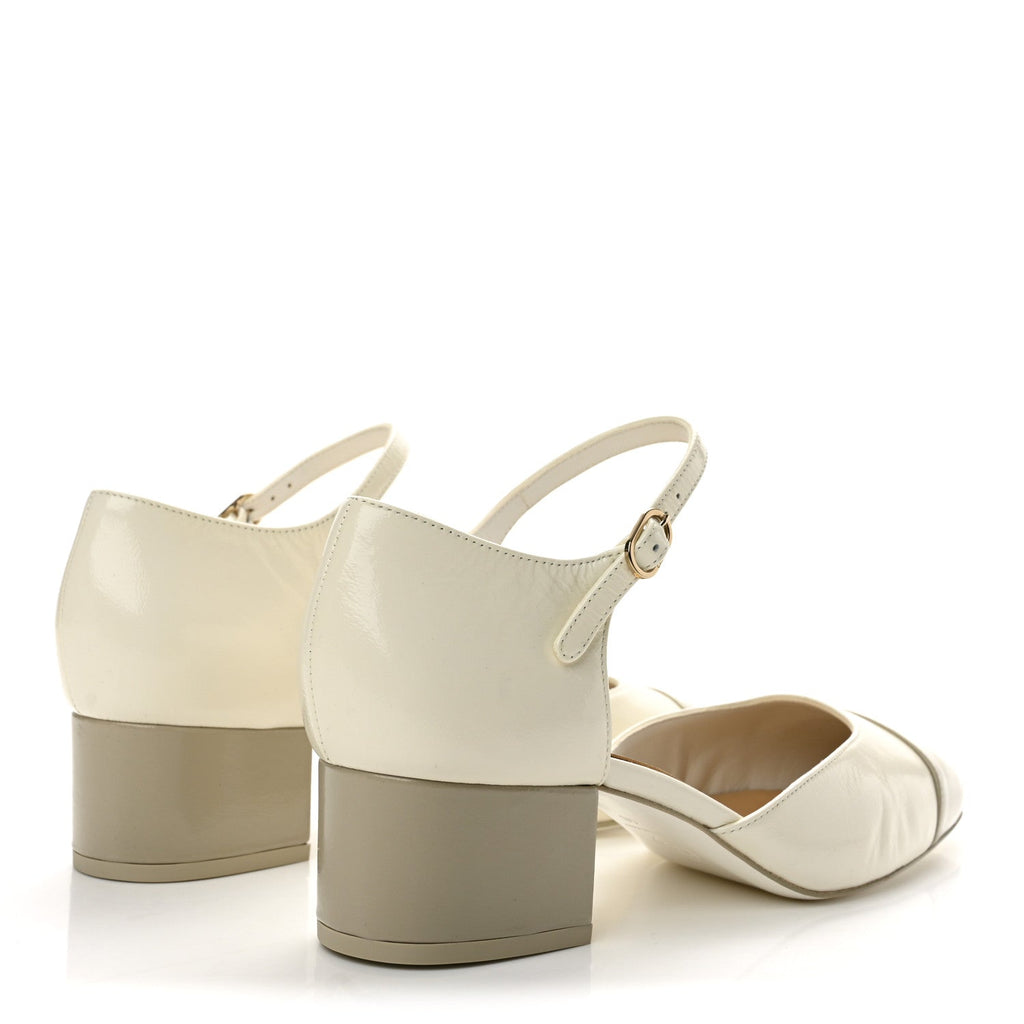 Shiny Lambskin CC Cap Toe Mary Janes Pumps 40 White Light Beige