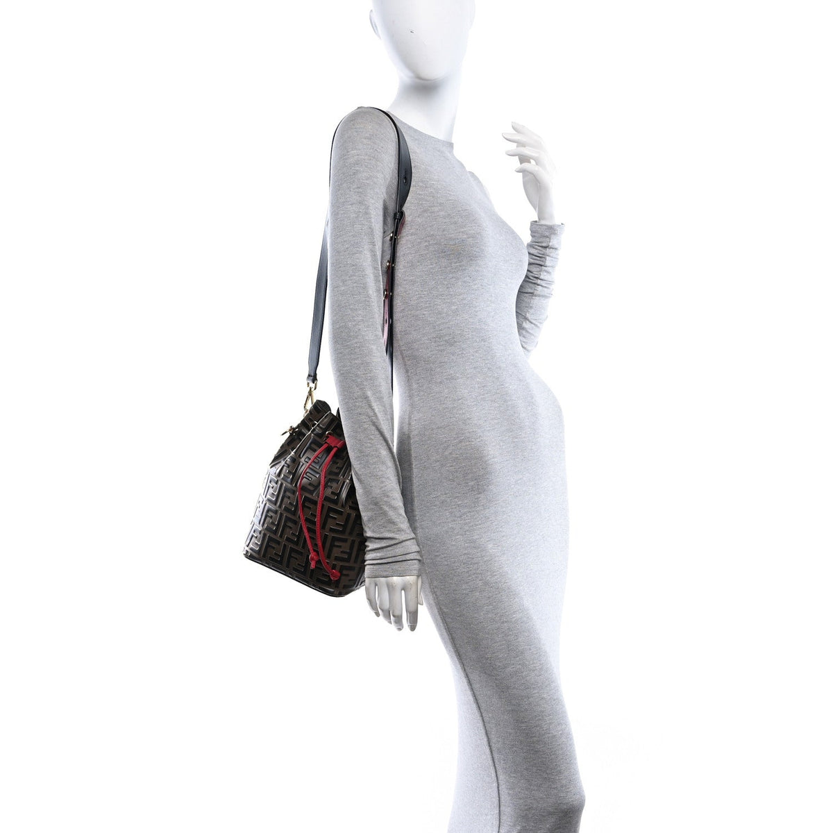 Vitello Grace F is Fendi Bi-Color FF 1974 Embossed Grande Mon Tresor Bucket Bag Maya Black Fragola