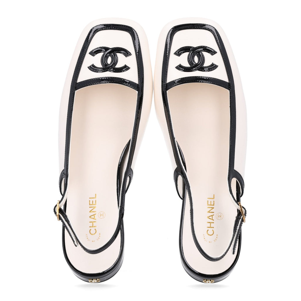 Lambskin Patent Calfskin CC Slingback Sandals 38 White Black