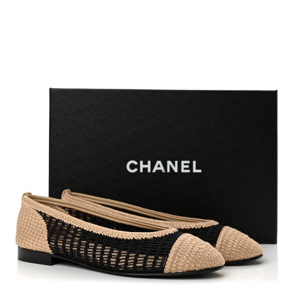 Raffia Cap Toe Ballerina Flats 38 Black Beige