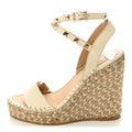 Grained Calfskin Rockstud Ankle Strap Espadrille 15/105mm Wedge Sandals 36 Light Ivory Natural