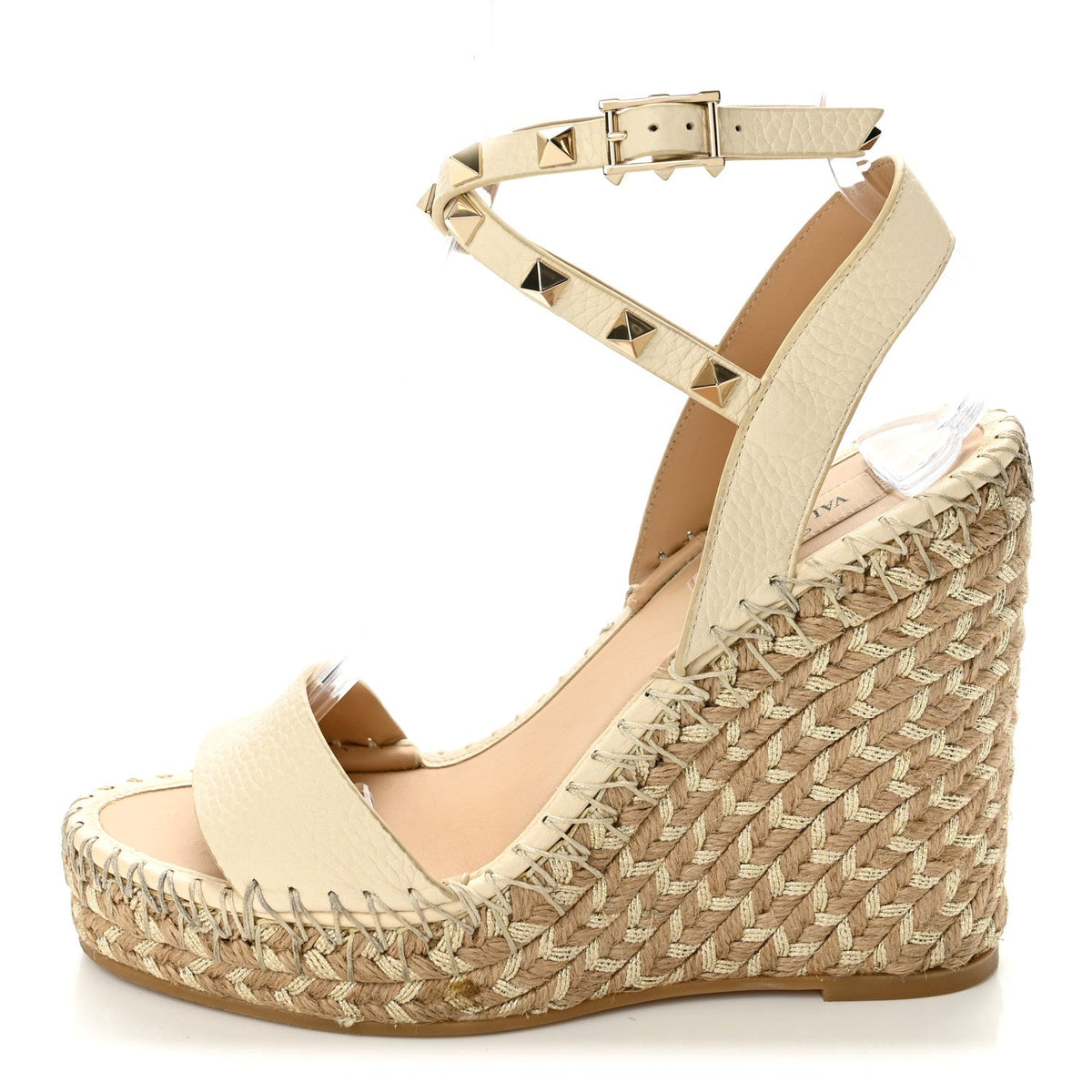 Grained Calfskin Rockstud Ankle Strap Espadrille 15/105mm Wedge Sandals 36 Light Ivory Natural