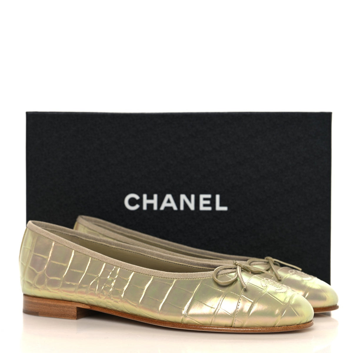 Iridescent Calfskin Crocodile Embossed Ballerina Flats 38 Yellow