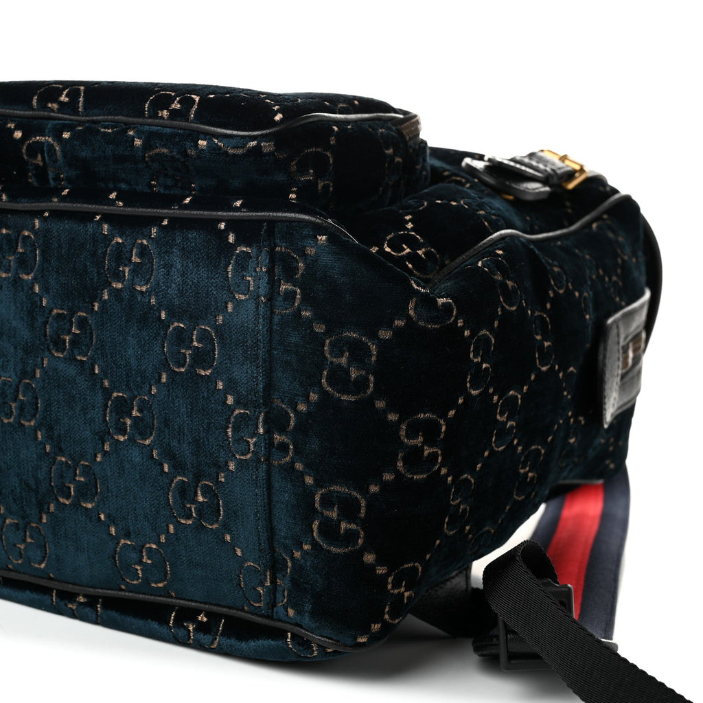 Velvet GG Monogram Textured Calfskin Web Small Double Buckle Backpack Blue Beige Black