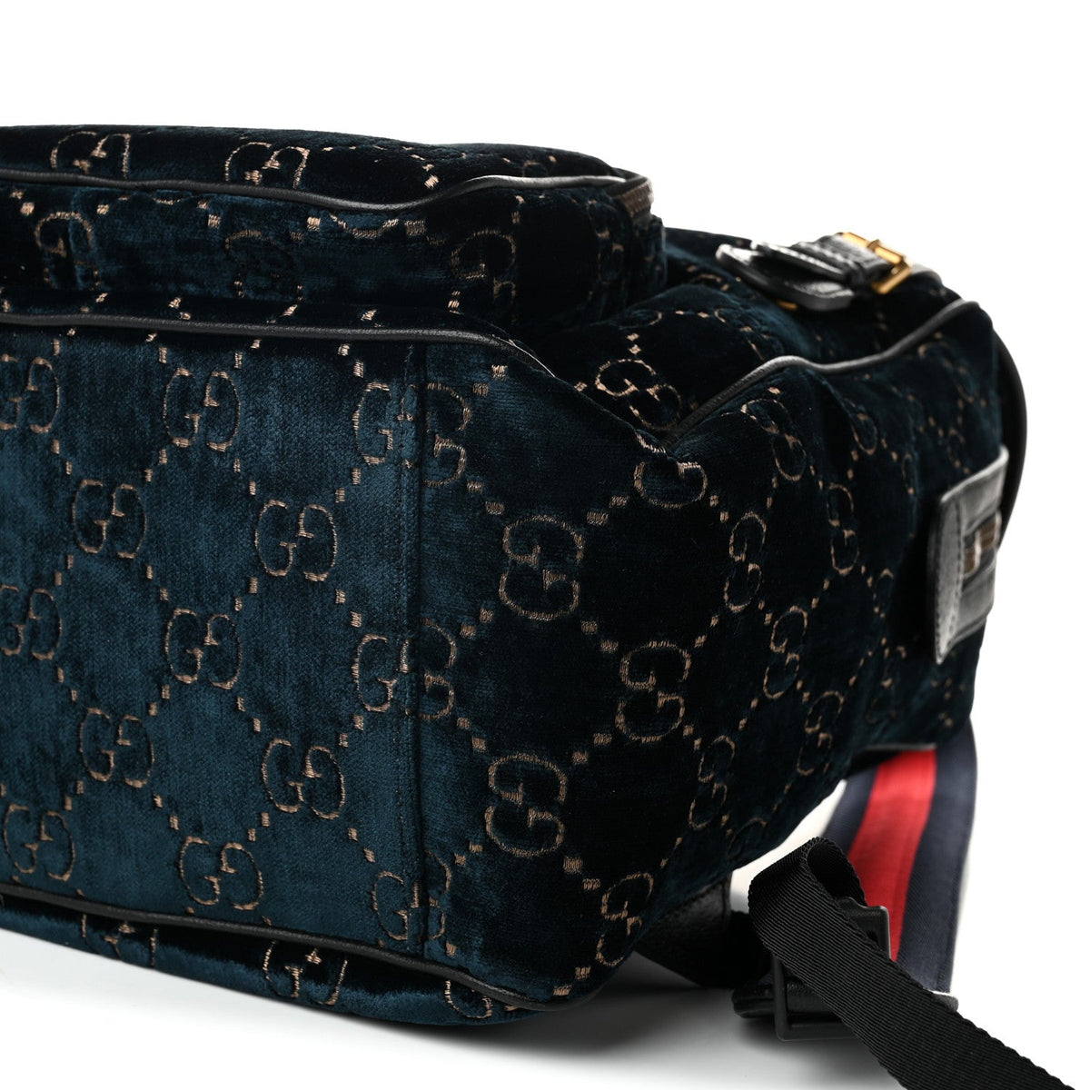 Velvet GG Monogram Textured Calfskin Web Small Double Buckle Backpack Blue Beige Black
