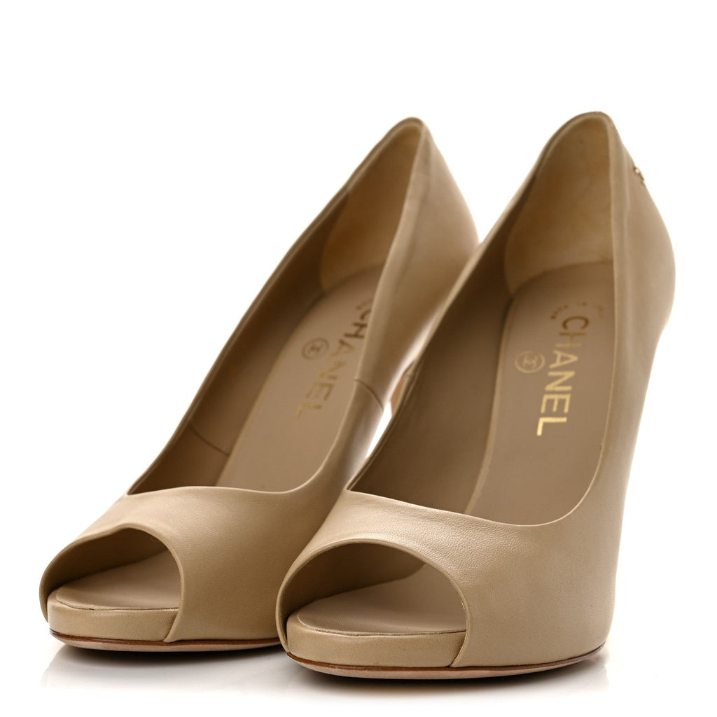 Lambskin Pearl Peep Toe Pumps 39 Beige