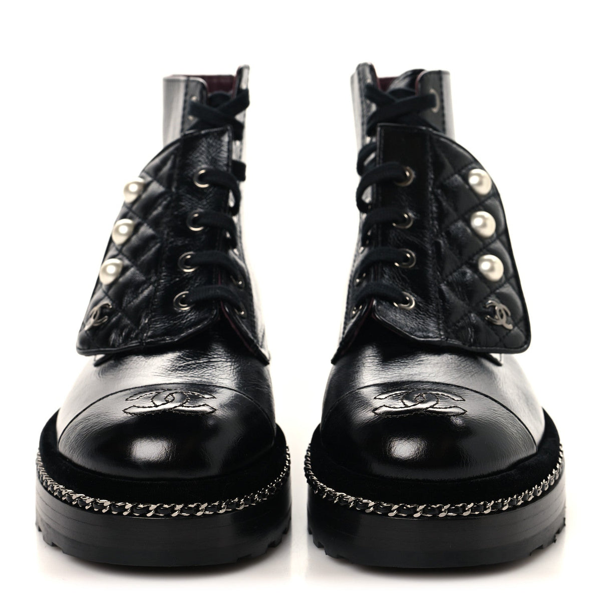Crackled Calfskin Velvet Pearl Combat Short Boots 36 Black