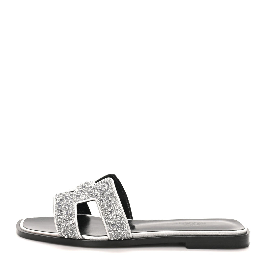 Velvet Goatskin Crystal Beads Oran Sandals 35.5 Gris Argente