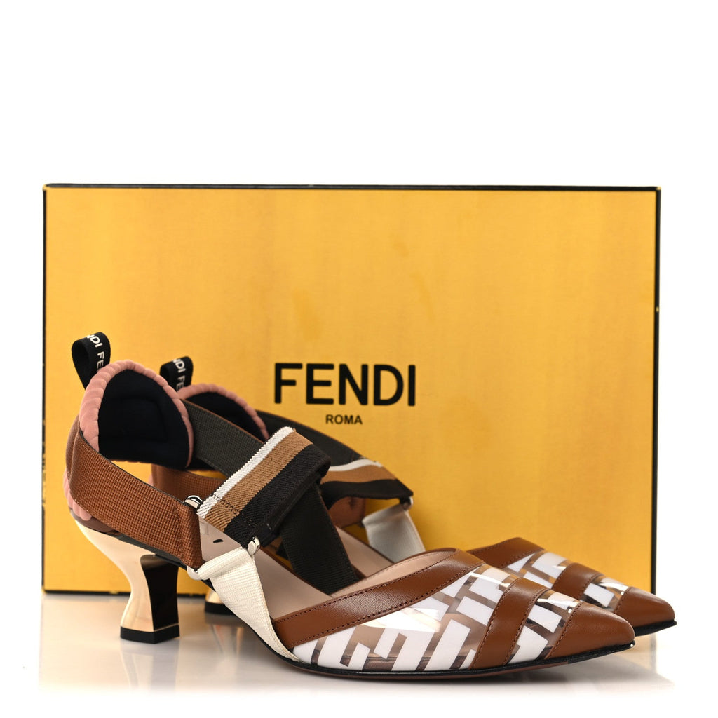 PVC Vitello FF Colibri 85mm Slingback Pumps 36.5 Transparent White Cuoio Avana