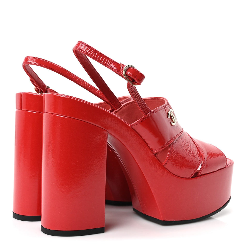 Crumpled Patent Lambskin Platform Sandals 39.5 Red