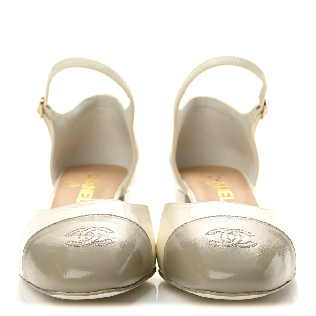 Shiny Lambskin CC Cap Toe Mary Janes Pumps 40 White Light Beige