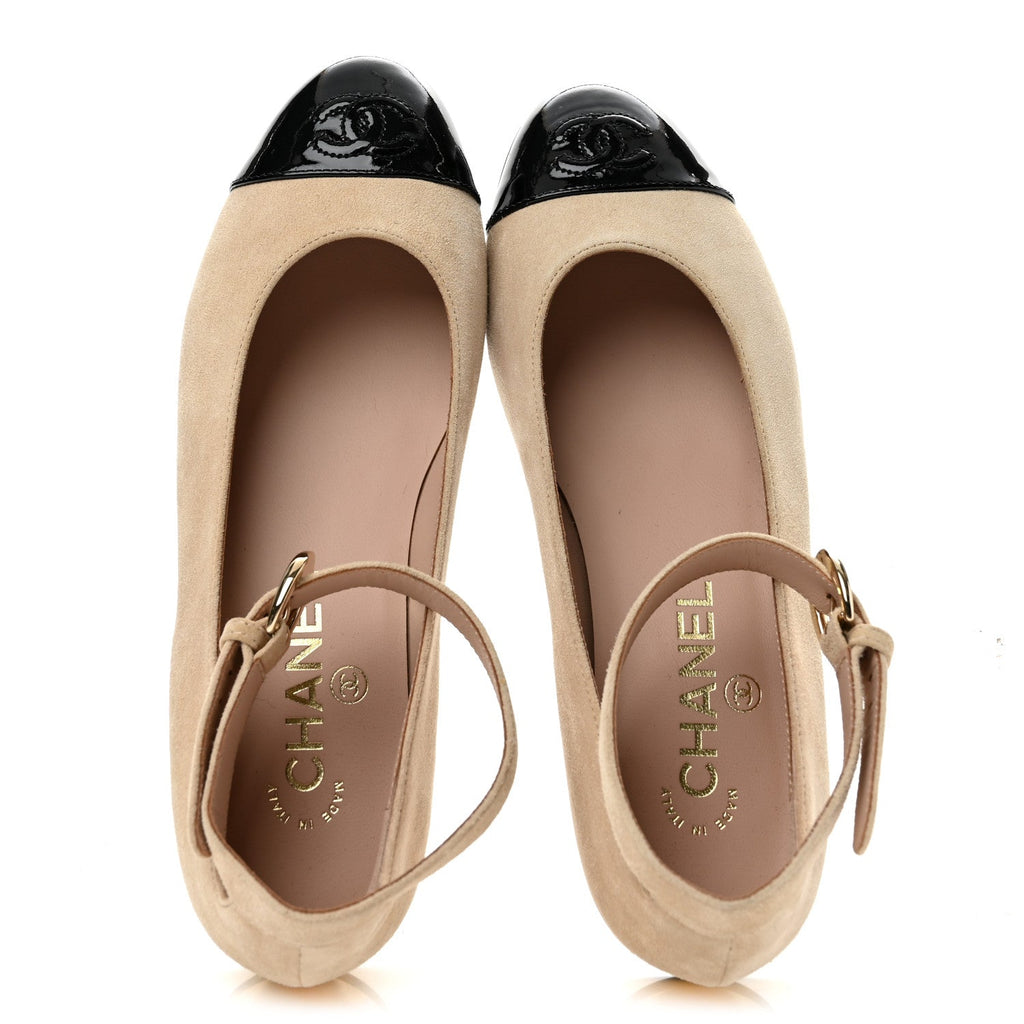 Suede Patent Cap Toe CC Mary Jane Flats 36.5 Light Pink Black