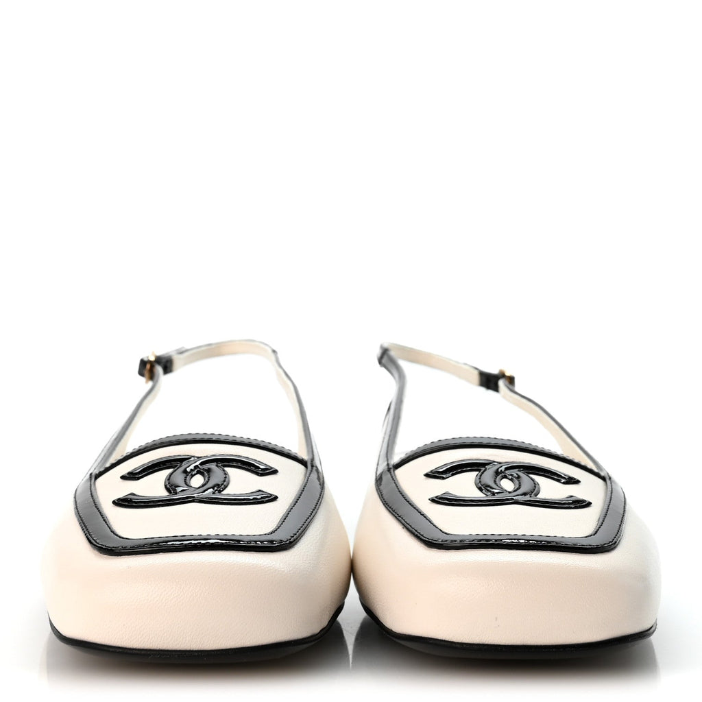 Lambskin Patent Calfskin CC Slingback Flats 40 White Black
