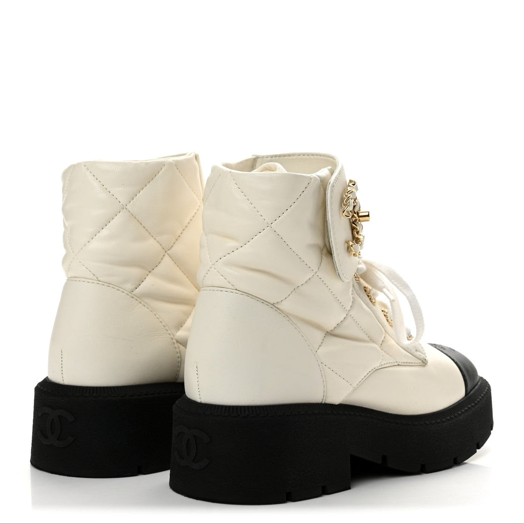 Lambskin Calfskin Quilted Lace Up Combat Boots 36.5 White Black