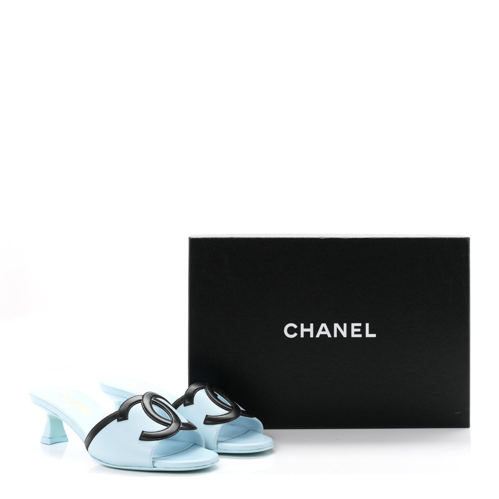 Lambskin CC Cutout Mules 36 Blue Black