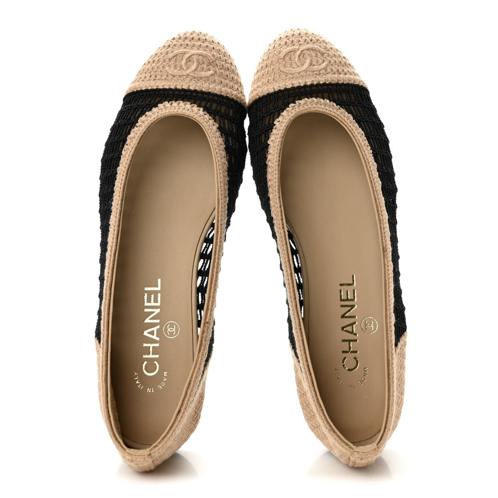 Raffia Cap Toe Ballerina Flats 38 Black Beige