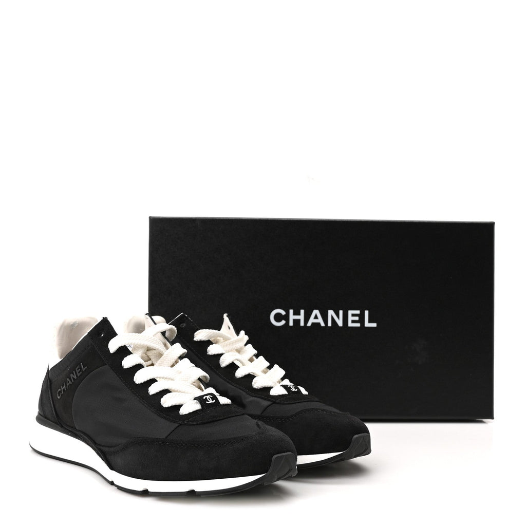 Nylon Suede Kidskin Calfskin Logo Sneakers 38 Black White