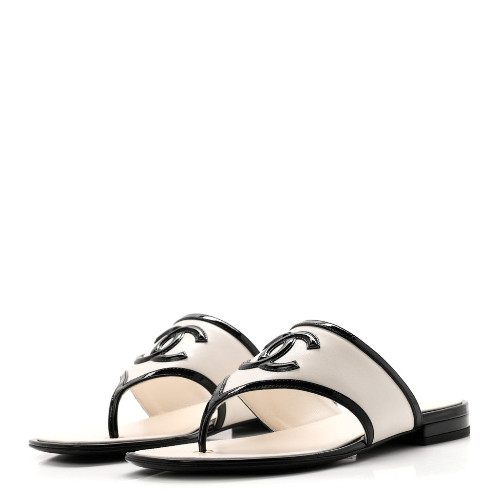 Lambskin Patent Calfskin CC Thong Sandals 36.5 White Black