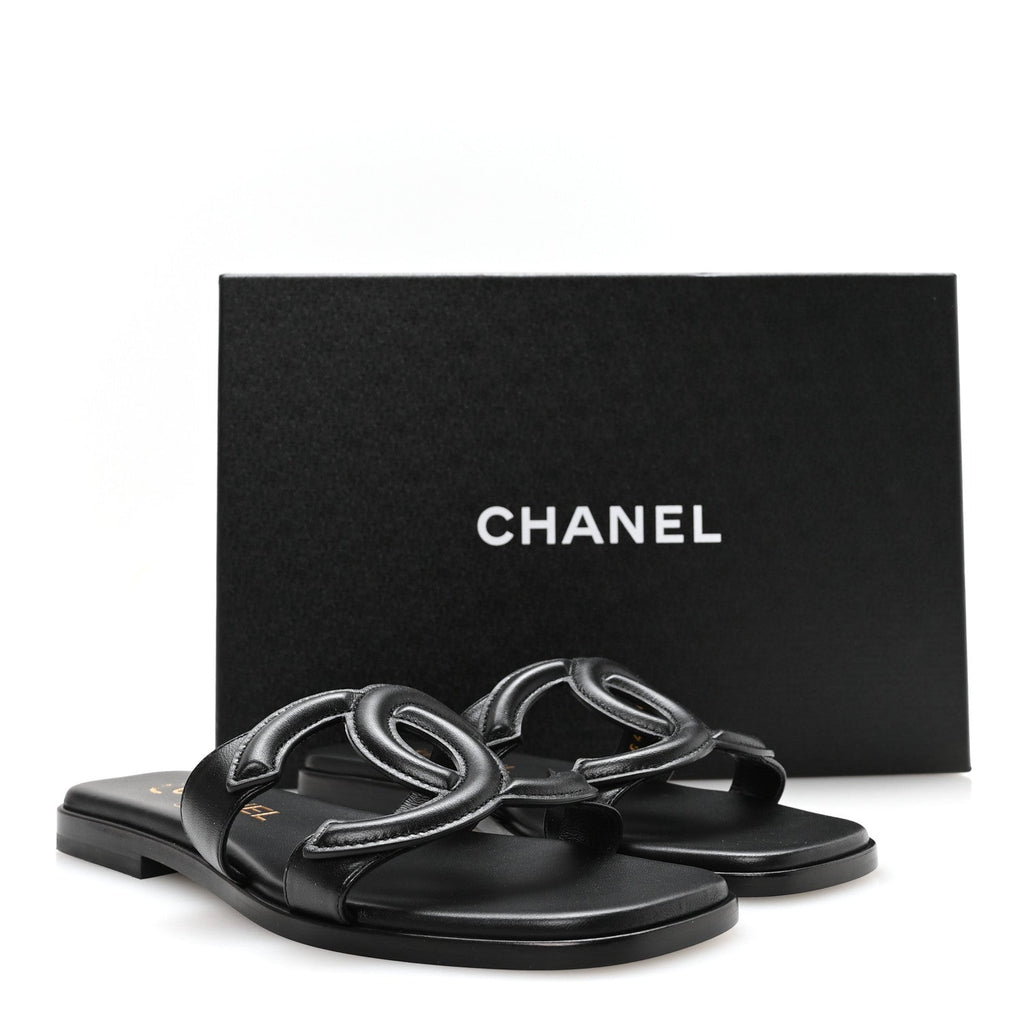 Lambskin CC Cut Out Mules Sandals 36 Black