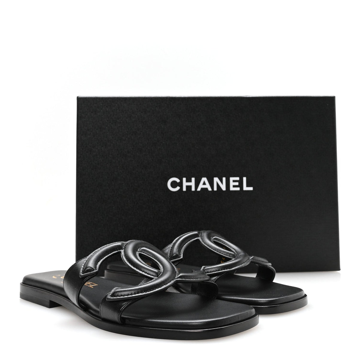 Lambskin CC Cut Out Mules Sandals 36 Black