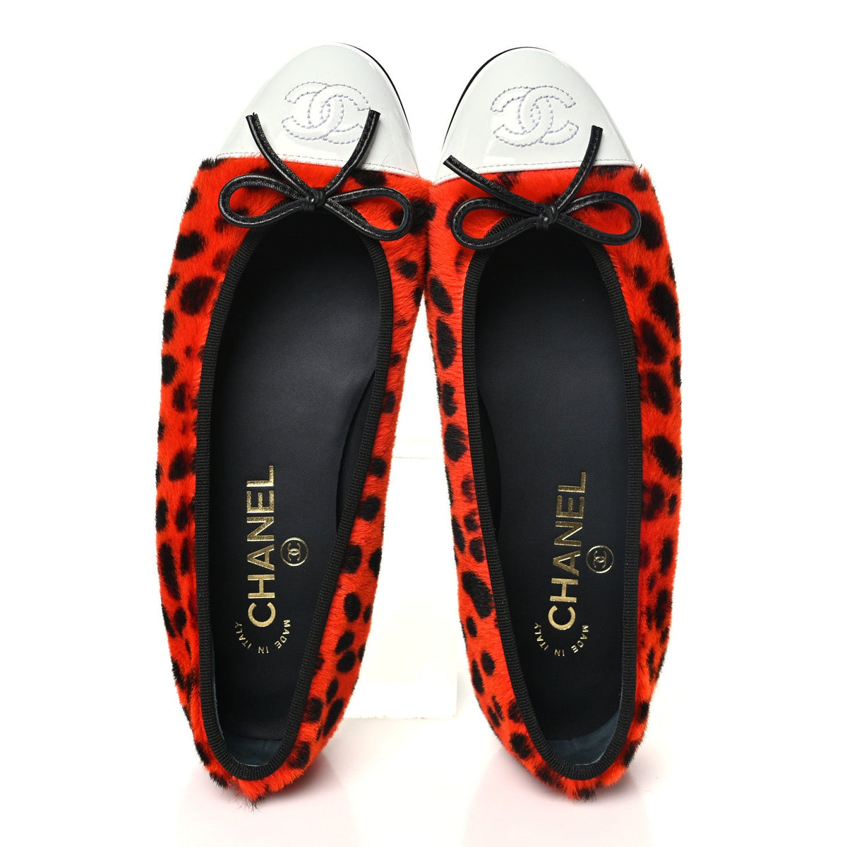 Pony Hair Lambskin Patent Calfskin Cap Toe CC Ballerina Flats 36.5 Orange Black White