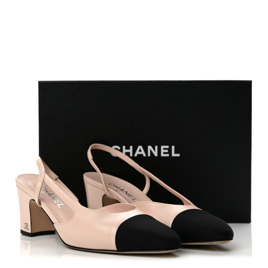 Calfskin Grosgrain Cap Toe CC Slingback Pumps 40.5 Light Pink Black