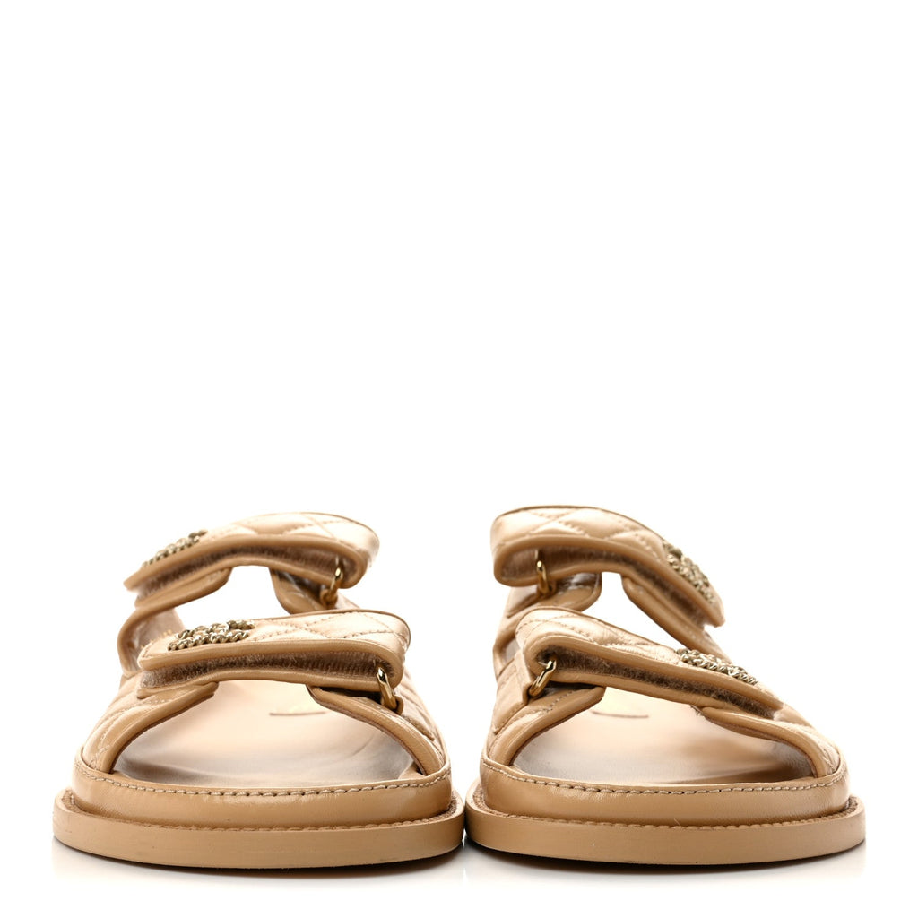 Lambskin Quilted Velcro Dad Chain CC Slide Sandals 38.5 Beige