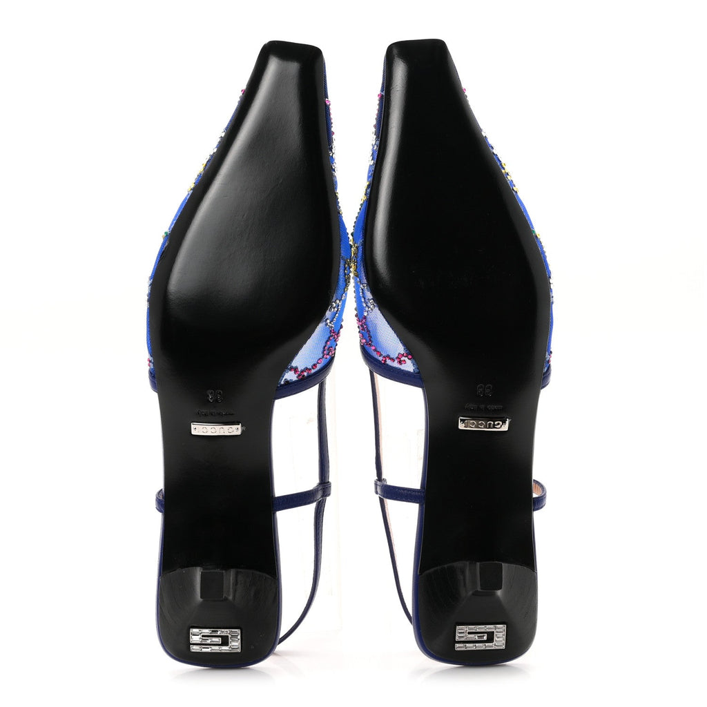 Tela Retino Nappa Charlotte Crystal GG Monogram Square G 35mm Slingback Pumps 38 Splash Net Blue Witch