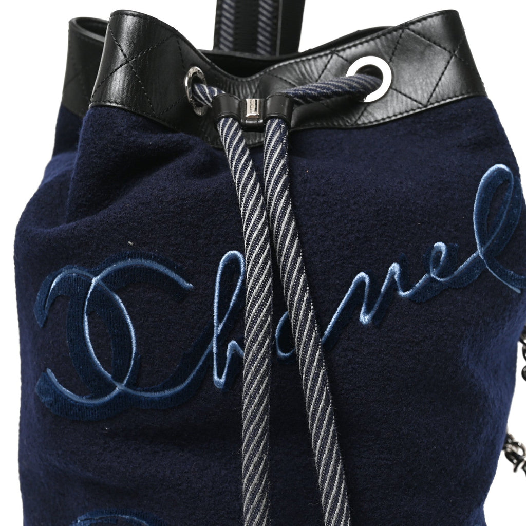 Wool Calfskin Embroidered Paris Hamburg Drawstring Backpack Navy Blue