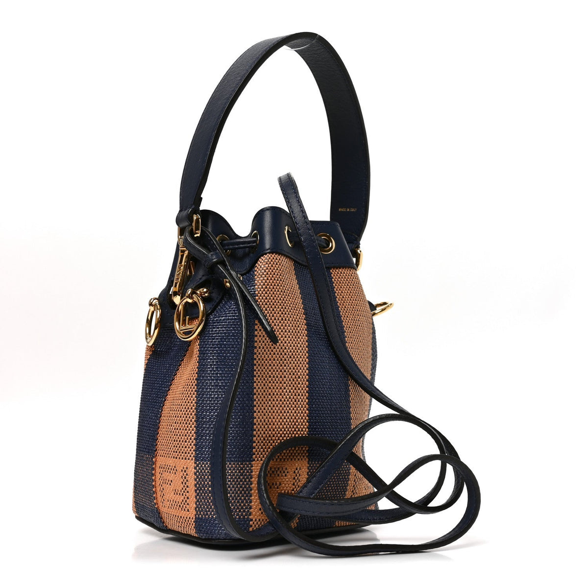 Raffia Vitello Seta F is Fendi Pequin Gingham Woven Mini Mon Tresor Bucket Bag Blue Ruggine
