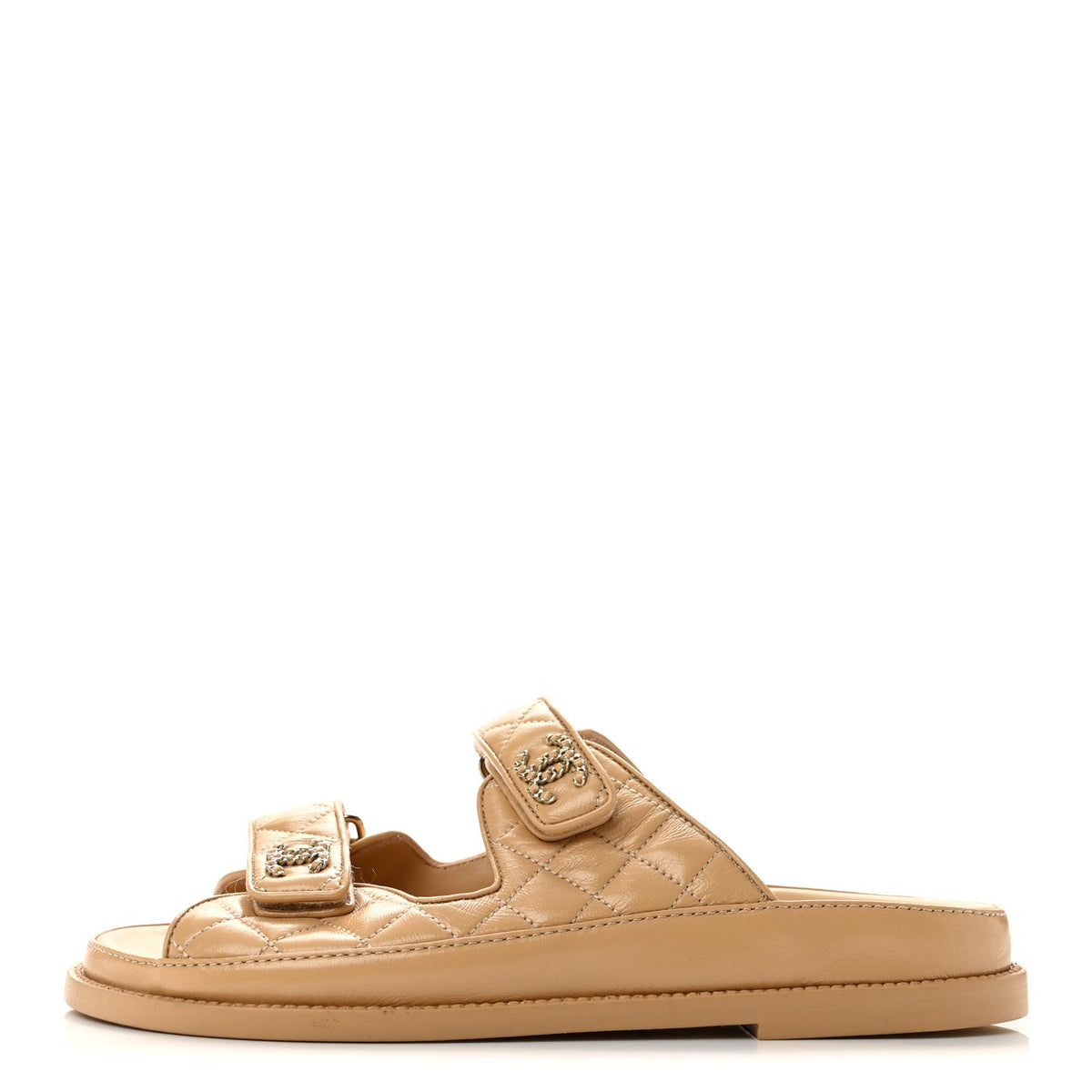 Lambskin Quilted Velcro Dad Chain CC Slide Sandals 38.5 Beige