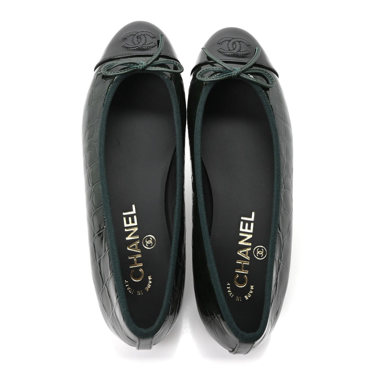 Crocodile Embossed Patent Calfskin Cap Toe CC Ballerina Flats 38 Dark Green Black