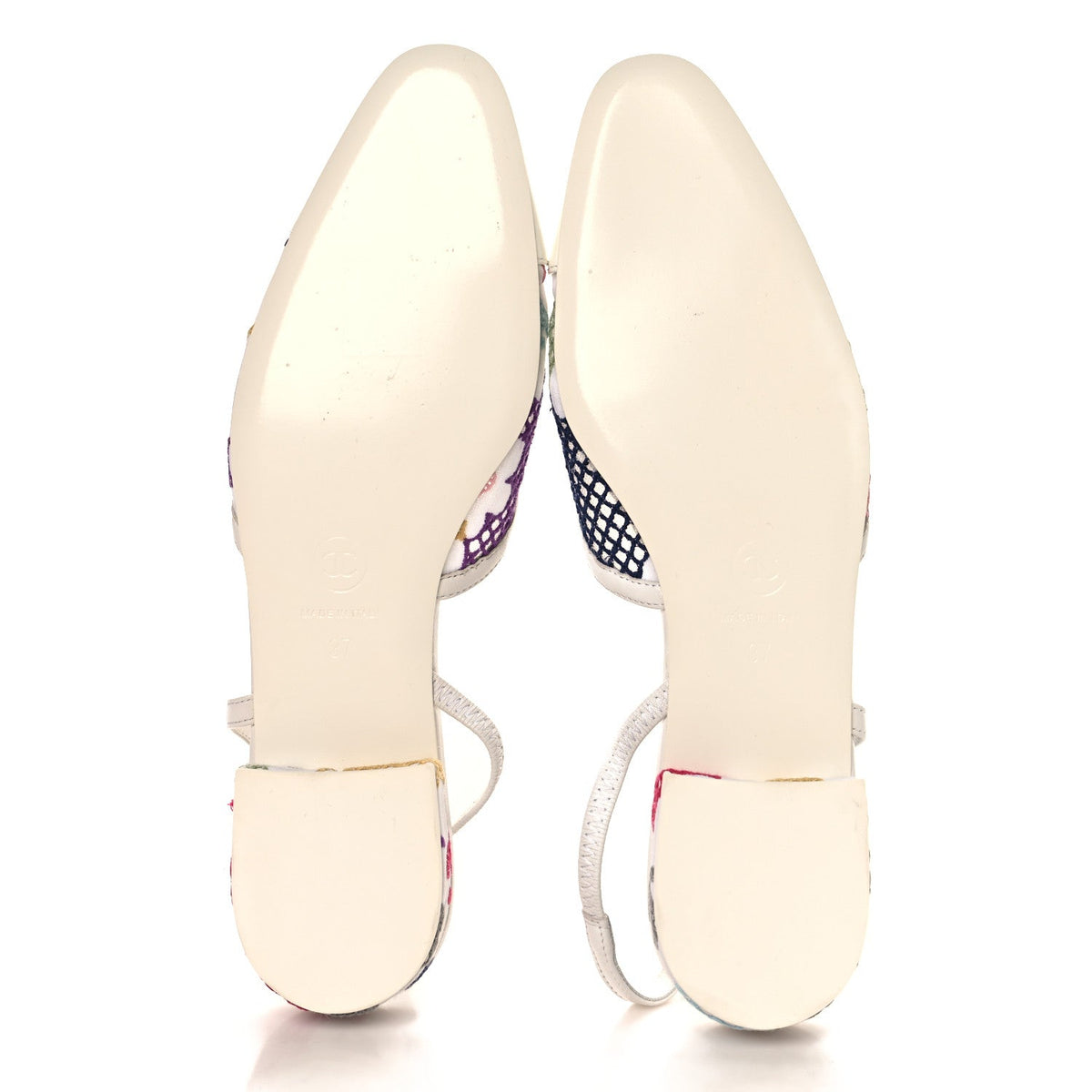 Cotton Guipure Patent Embroidered Floral Cap Toe CC Slingback Flats 37 White Multicolor