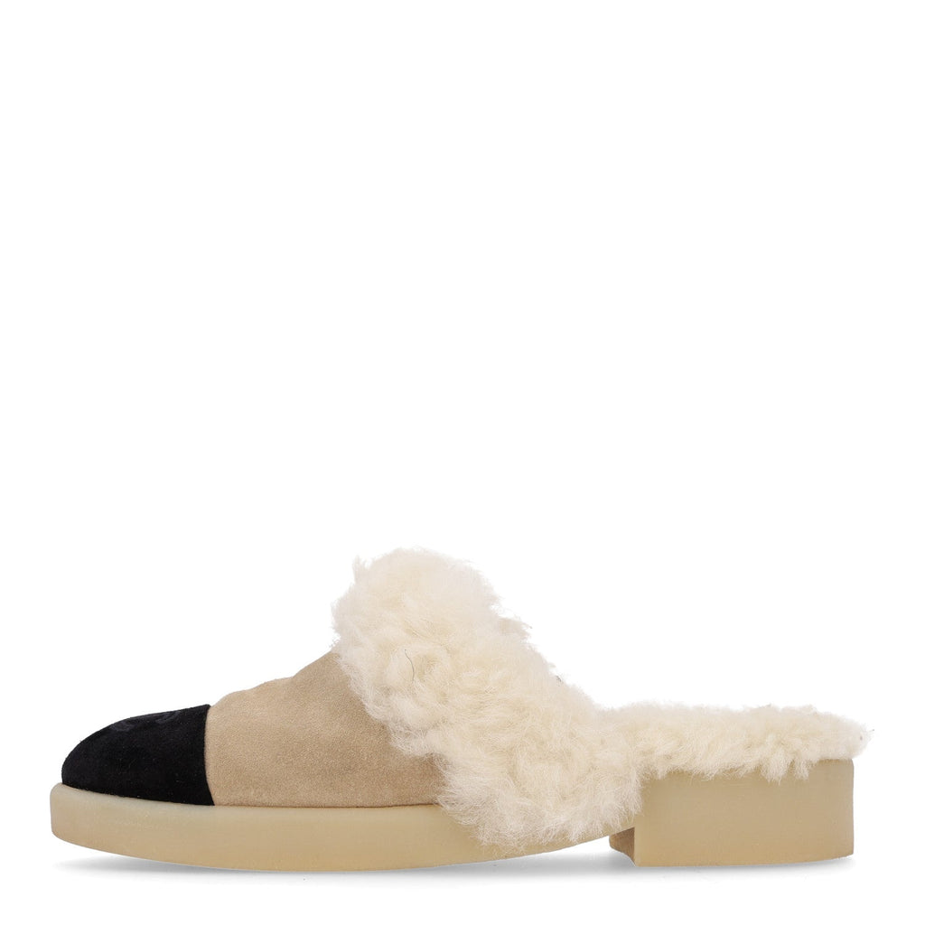 Suede Shearling CC Cap Toe Mules 37 Beige Black