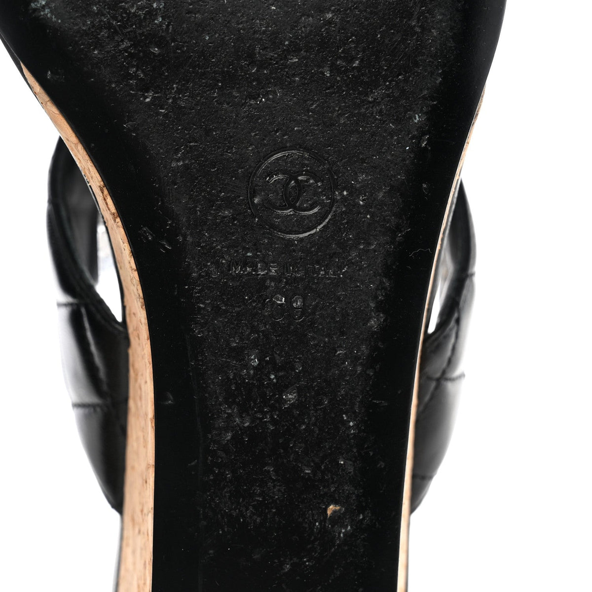 Shiny Goatskin Cork CC Wedge Sandals 39 Black