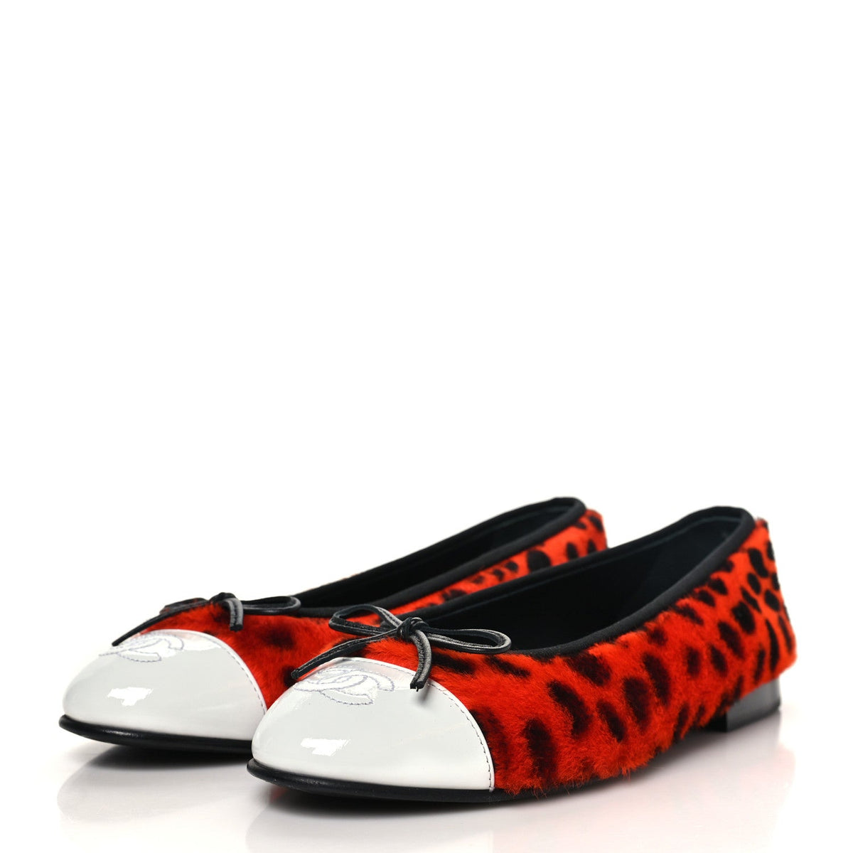 Pony Hair Lambskin Patent Calfskin Cap Toe CC Ballerina Flats 36.5 Orange Black White