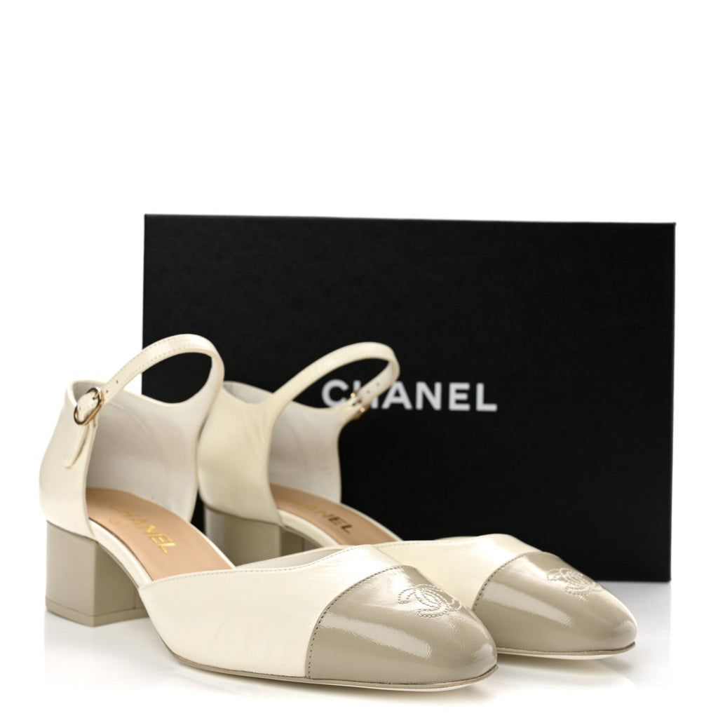 Shiny Lambskin CC Cap Toe Mary Janes Pumps 40 White Light Beige