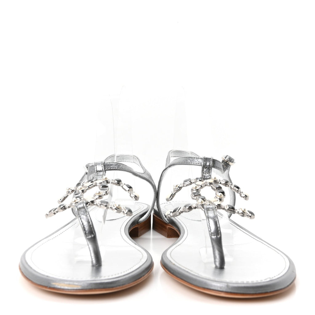 Metallized Lambskin CC Crystal Thong Sandals 38 Silver