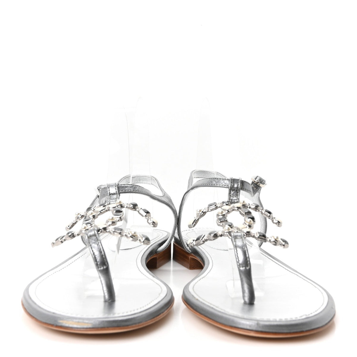 Metallized Lambskin CC Crystal Thong Sandals 38 Silver