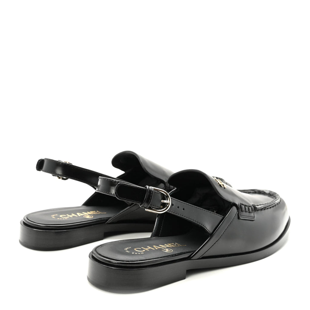 Shiny Calfskin Slingback Loafers 40.5 Black
